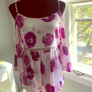 Pink Floral Cold Shoulder Top